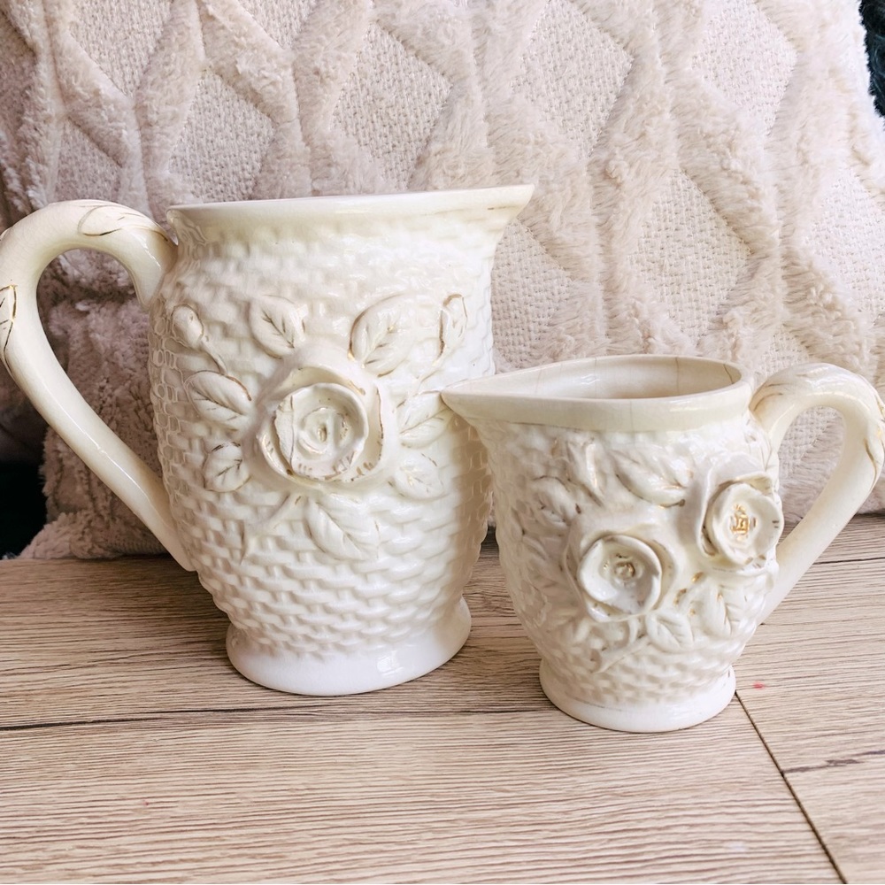 Set of 3 Vintage Shabby chic Victorian Basket weave w/ roses ceramic Pitchers